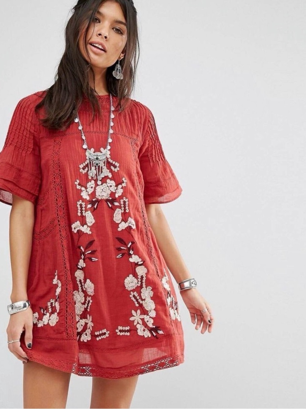 Free People Rust Red Floral-Embroidered Mini Dress